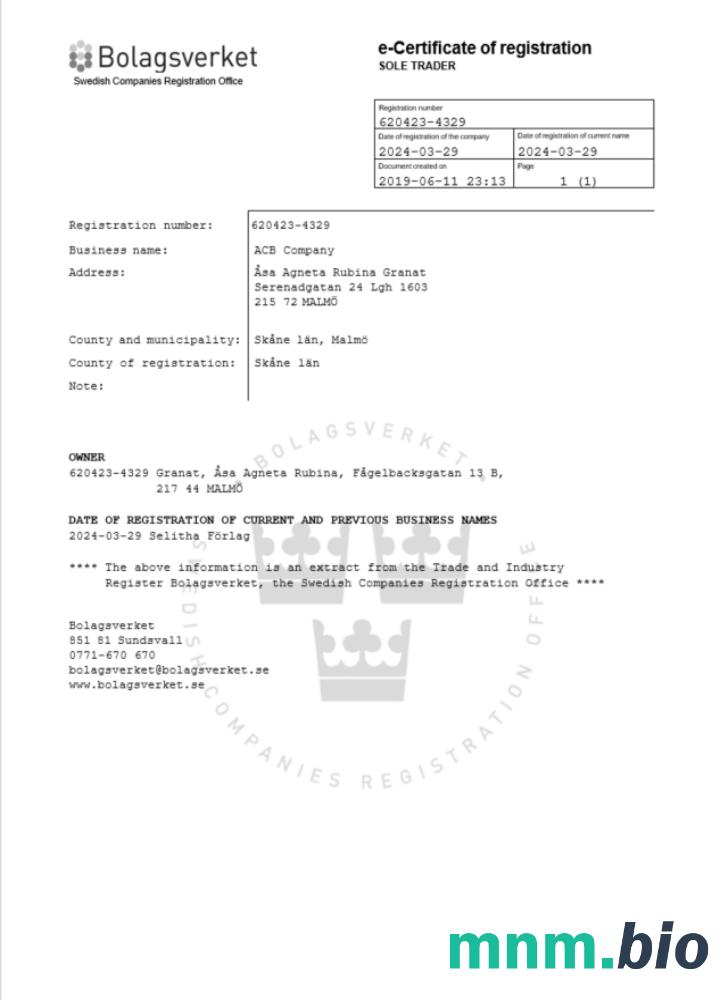 Szwecja certyfikat rejestracji Word i PDF szablon